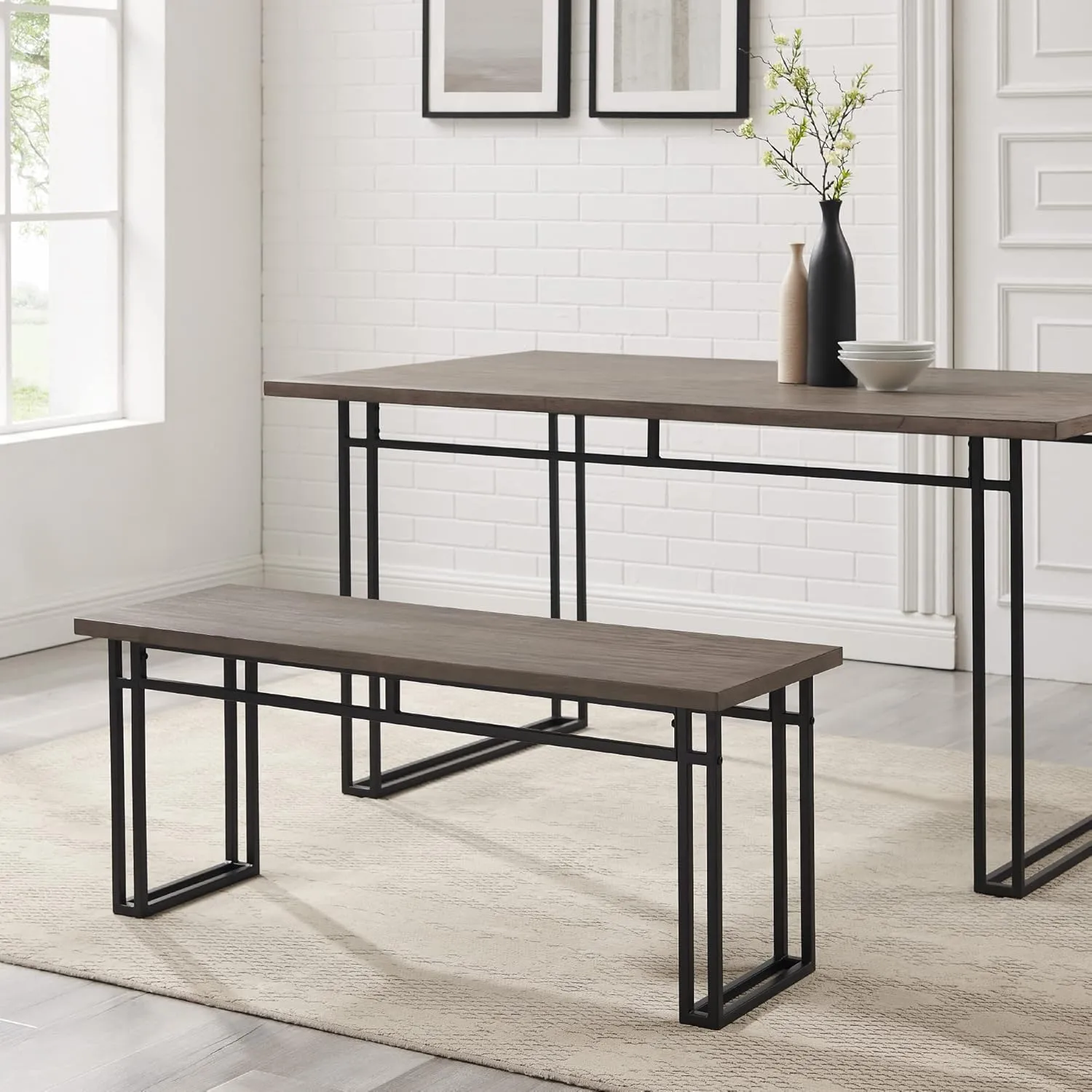 Walker Edison Randall Modern Metal-Leg Veneer Wood Bench 44 Inch Grey Hickory