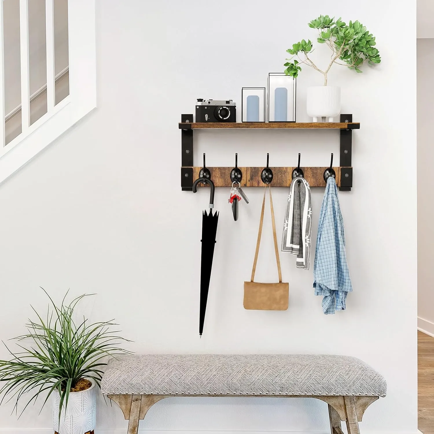 Wall Hooks with Shelf, Coat Rack Wall Mount for Coat Backpack Key Clothes Hanger, Wall Floating Shelf Hanging in Entryway, Living Room, Bathroom, Bedroom, Kitchen