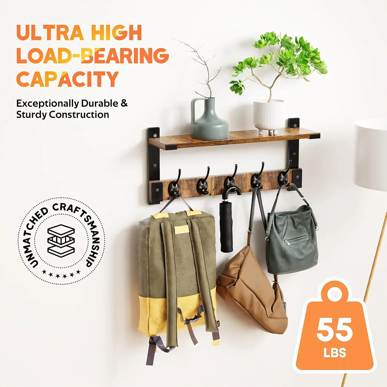 Wall Hooks with Shelf, Coat Rack Wall Mount for Coat Backpack Key Clothes Hanger, Wall Floating Shelf Hanging in Entryway, Living Room, Bathroom, Bedroom, Kitchen
