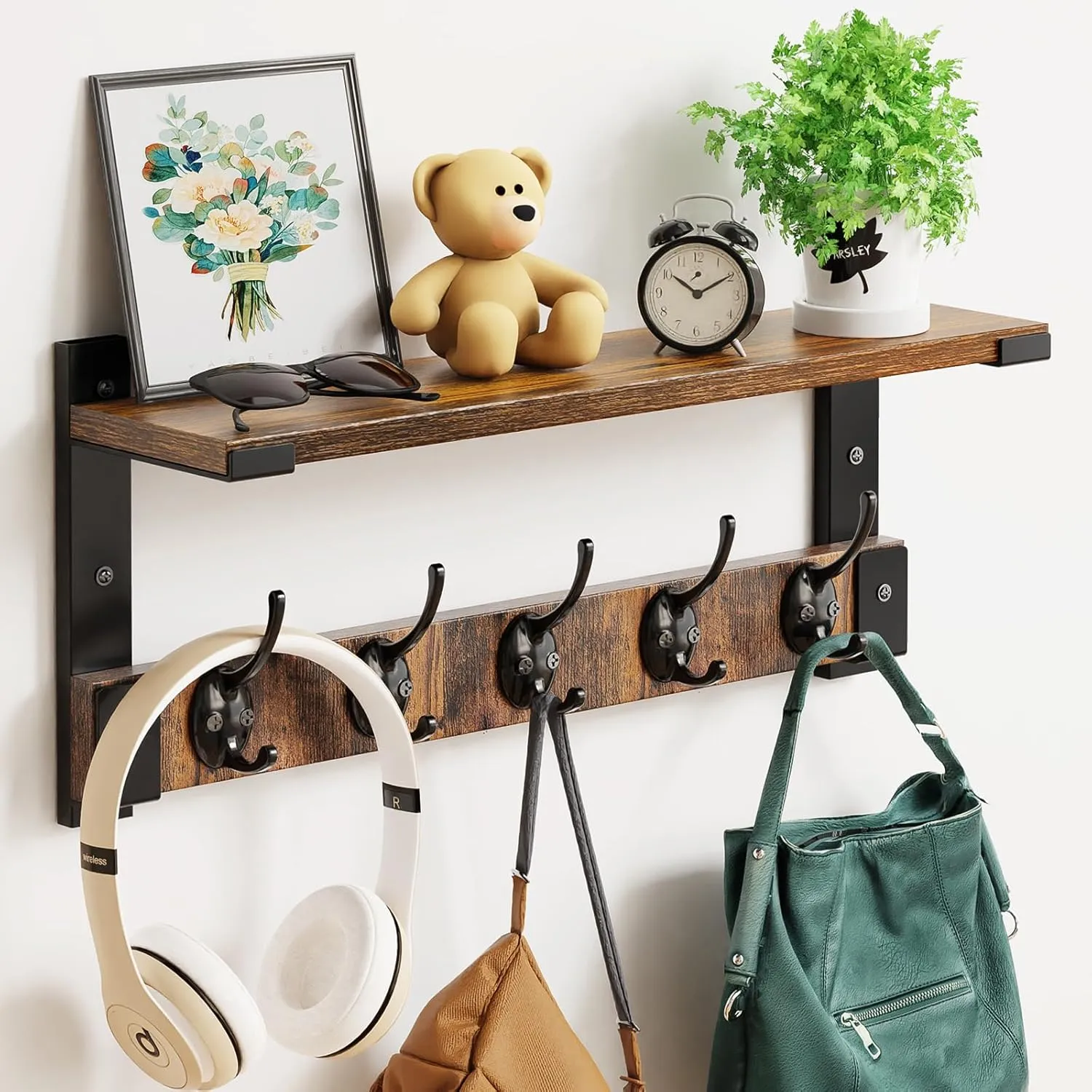 Wall Hooks with Shelf, Coat Rack Wall Mount for Coat Backpack Key Clothes Hanger, Wall Floating Shelf Hanging in Entryway, Living Room, Bathroom, Bedroom, Kitchen