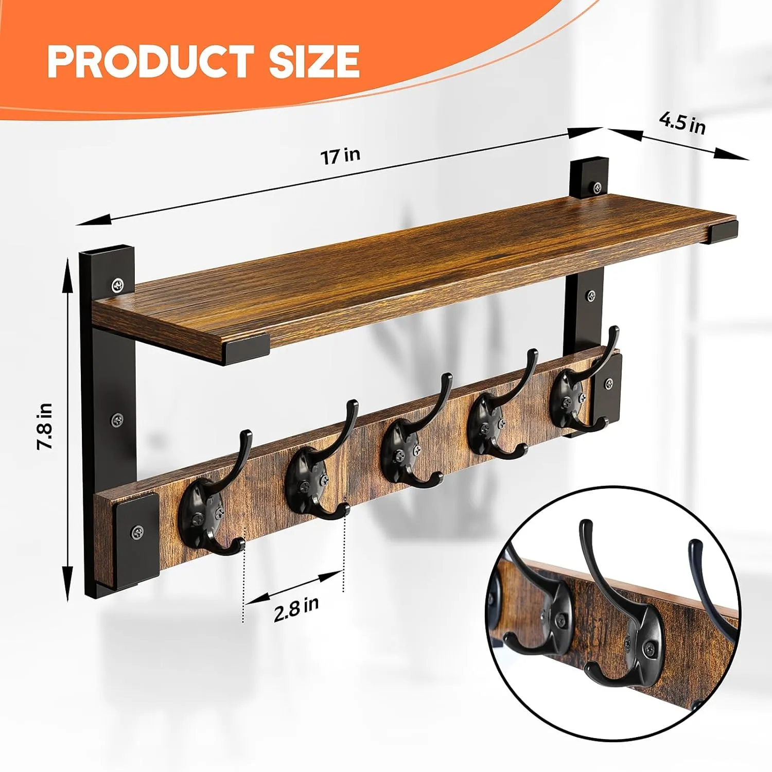 Wall Hooks with Shelf, Coat Rack Wall Mount for Coat Backpack Key Clothes Hanger, Wall Floating Shelf Hanging in Entryway, Living Room, Bathroom, Bedroom, Kitchen