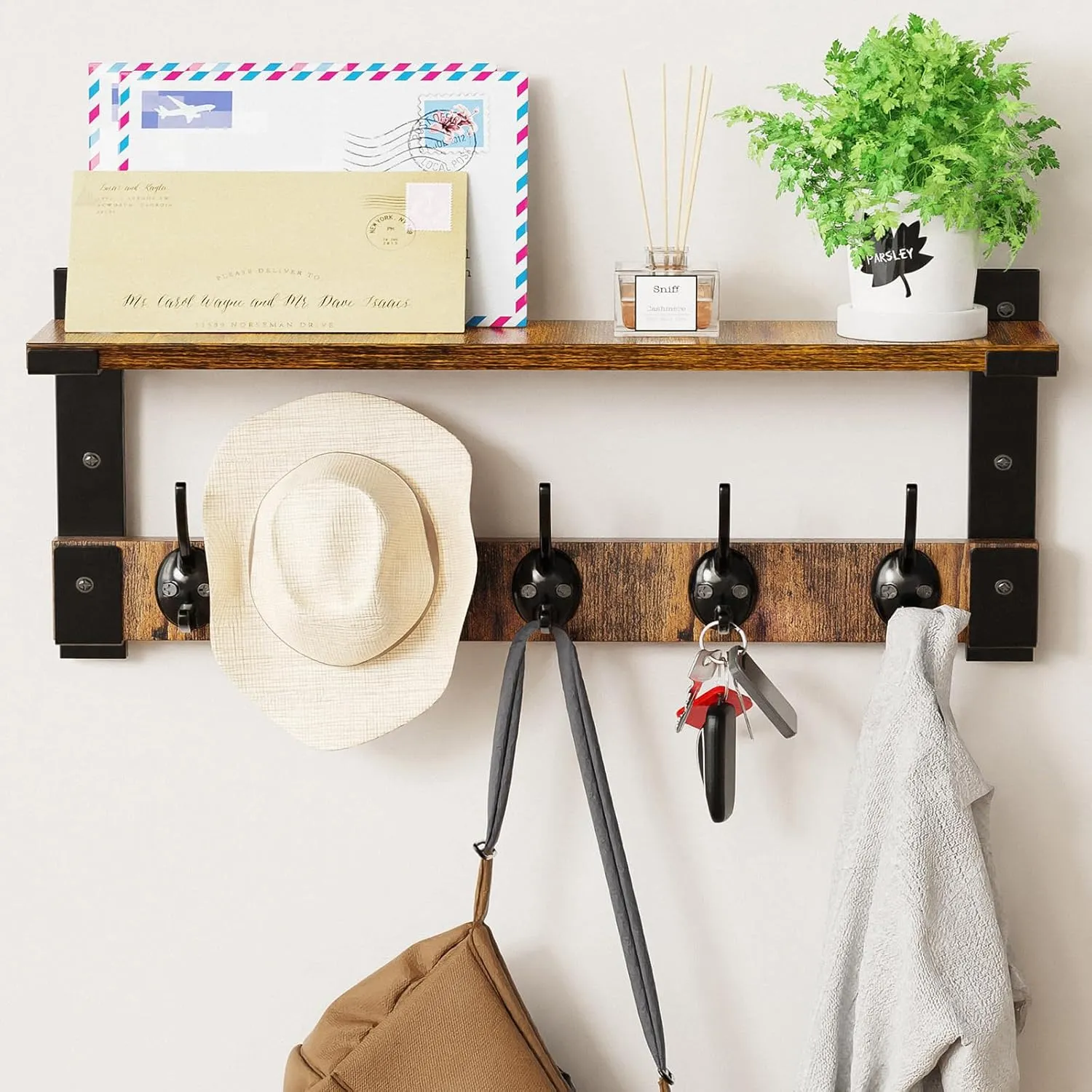 Wall Hooks with Shelf, Coat Rack Wall Mount for Coat Backpack Key Clothes Hanger, Wall Floating Shelf Hanging in Entryway, Living Room, Bathroom, Bedroom, Kitchen