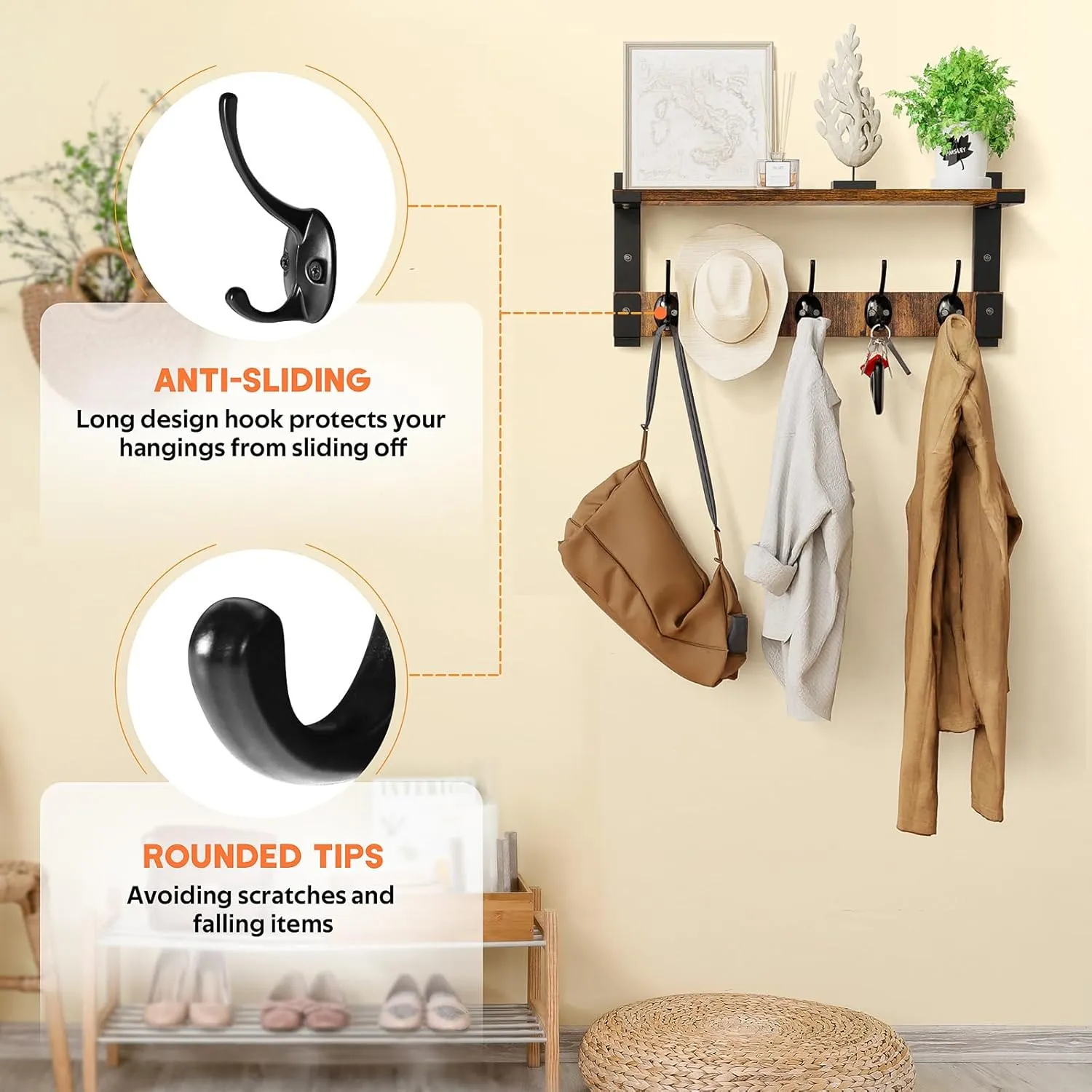 Wall Hooks with Shelf, Coat Rack Wall Mount for Coat Backpack Key Clothes Hanger, Wall Floating Shelf Hanging in Entryway, Living Room, Bathroom, Bedroom, Kitchen