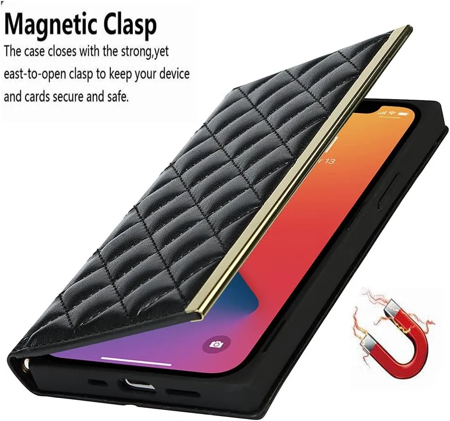 Wallet Case Apply to iPhone 14 Pro,Luxury Fashion Flip Purse Leather Bag with Card Slots Crossbody Chain Shoulder Strap with Mirror Bracket Shockproof Protector (Black, iPhone 14 Pro)