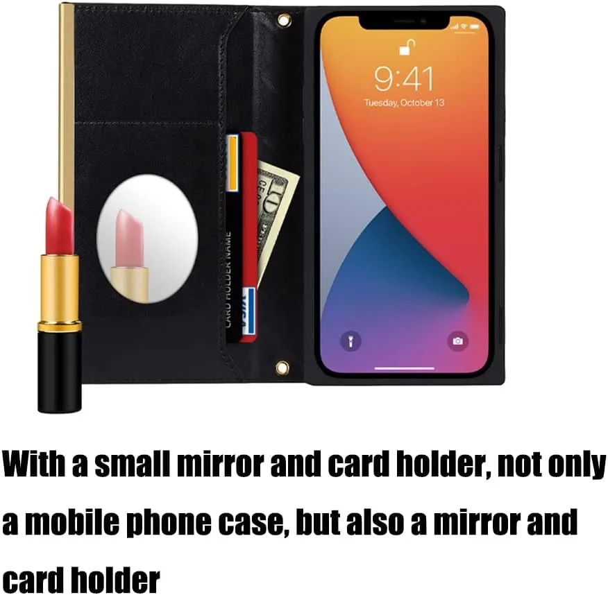 Wallet Case Apply to iPhone 14 Pro,Luxury Fashion Flip Purse Leather Bag with Card Slots Crossbody Chain Shoulder Strap with Mirror Bracket Shockproof Protector (Black, iPhone 14 Pro)
