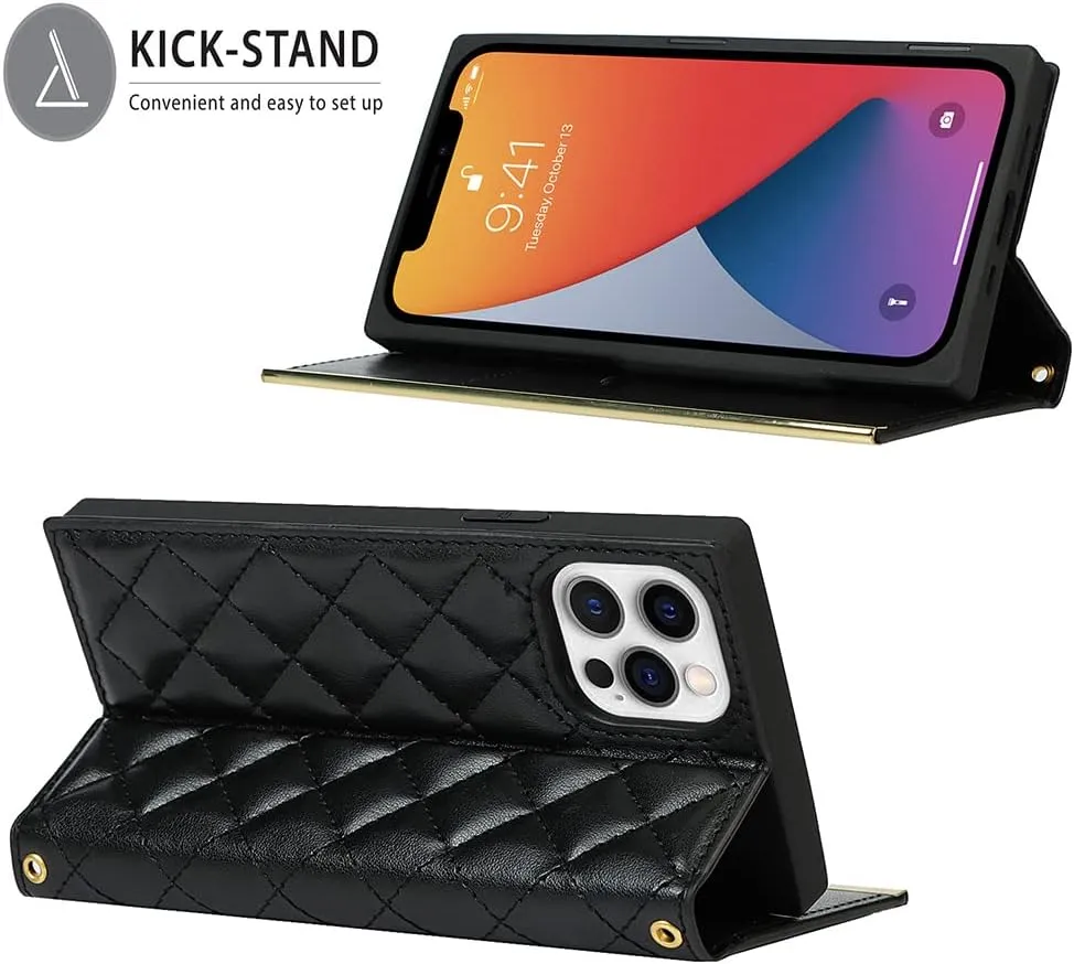 Wallet Case Apply to iPhone 14 Pro,Luxury Fashion Flip Purse Leather Bag with Card Slots Crossbody Chain Shoulder Strap with Mirror Bracket Shockproof Protector (Black, iPhone 14 Pro)
