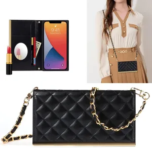 Wallet Case Apply to iPhone 14 Pro,Luxury Fashion Flip Purse Leather Bag with Card Slots Crossbody Chain Shoulder Strap with Mirror Bracket Shockproof Protector (Black, iPhone 14 Pro)