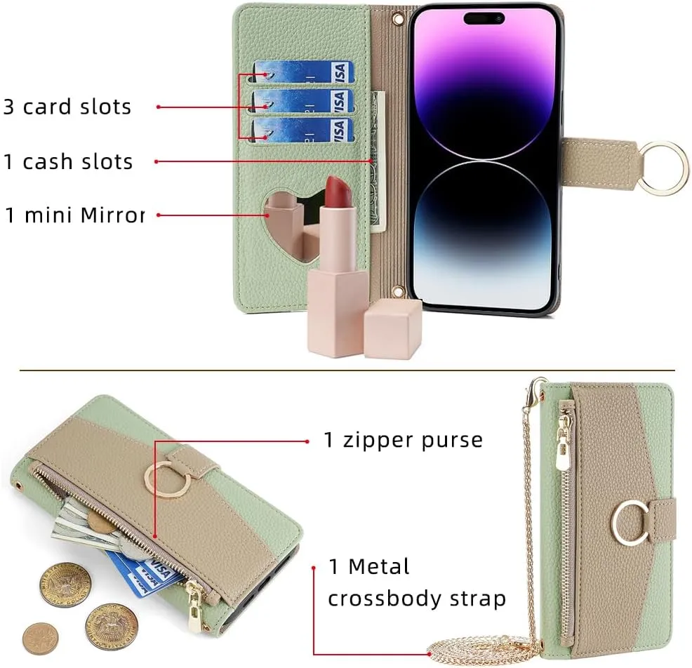 Wallet Case with Crossbody Strap Compatible for iPhone 12 Pro Max, Magnetic Handbag Zipper Pocket Cases PU Leather Flip Cell Phone Holster Cover with Kickstand for iPhone 12 Pro Max Green