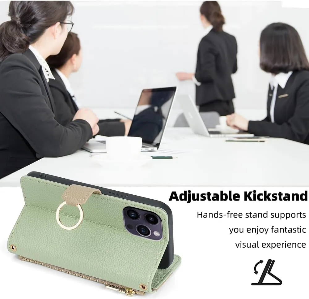 Wallet Case with Crossbody Strap Compatible for iPhone 12 Pro Max, Magnetic Handbag Zipper Pocket Cases PU Leather Flip Cell Phone Holster Cover with Kickstand for iPhone 12 Pro Max Green