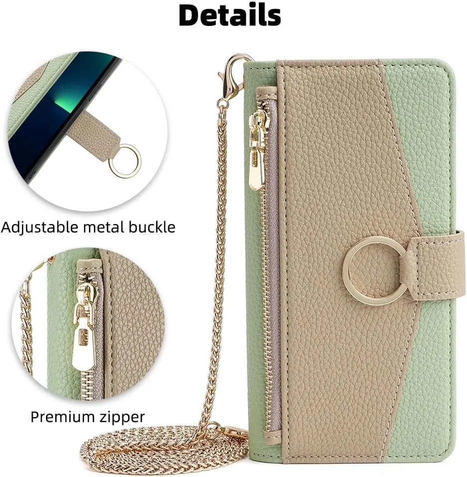 Wallet Case with Crossbody Strap Compatible for iPhone 12 Pro Max, Magnetic Handbag Zipper Pocket Cases PU Leather Flip Cell Phone Holster Cover with Kickstand for iPhone 12 Pro Max Green
