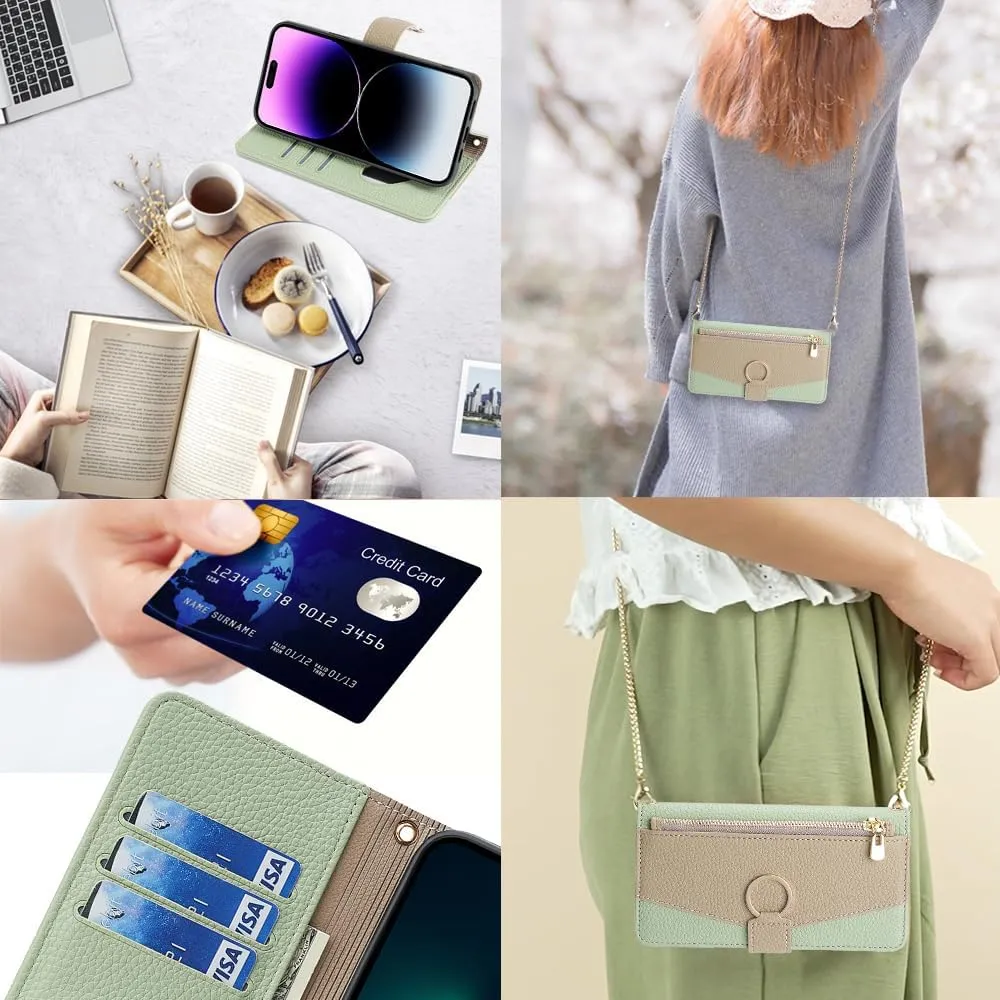 Wallet Case with Crossbody Strap Compatible for iPhone 12 Pro Max, Magnetic Handbag Zipper Pocket Cases PU Leather Flip Cell Phone Holster Cover with Kickstand for iPhone 12 Pro Max Green