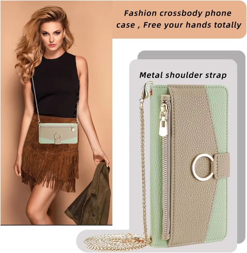 Wallet Case with Crossbody Strap Compatible for iPhone 12 Pro Max, Magnetic Handbag Zipper Pocket Cases PU Leather Flip Cell Phone Holster Cover with Kickstand for iPhone 12 Pro Max Green