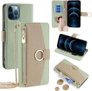 Wallet Case with Crossbody Strap Compatible for iPhone 12 Pro Max, Magnetic Handbag Zipper Pocket Cases PU Leather Flip Cell Phone Holster Cover with Kickstand for iPhone 12 Pro Max Green