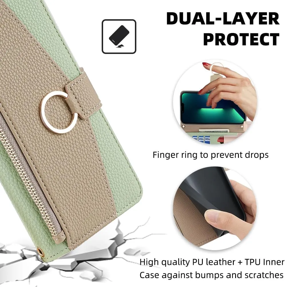 Wallet Case with Crossbody Strap Compatible for iPhone 12 Pro Max, Magnetic Handbag Zipper Pocket Cases PU Leather Flip Cell Phone Holster Cover with Kickstand for iPhone 12 Pro Max Green