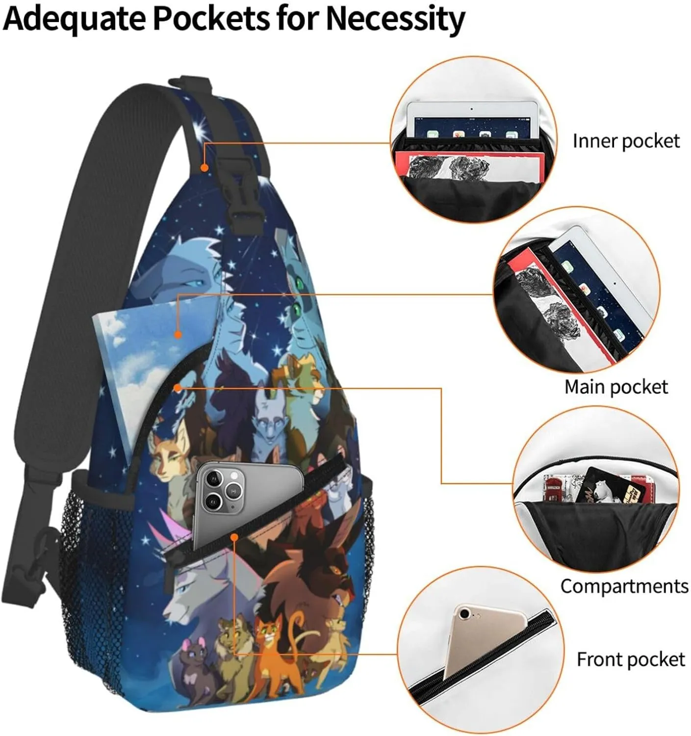 Warriors Cats Sling Backpack Crossbody Sling Bag, Shoulder Bag Chest Bag Daypack Fanny Pack Cross Body Bag For Women Men