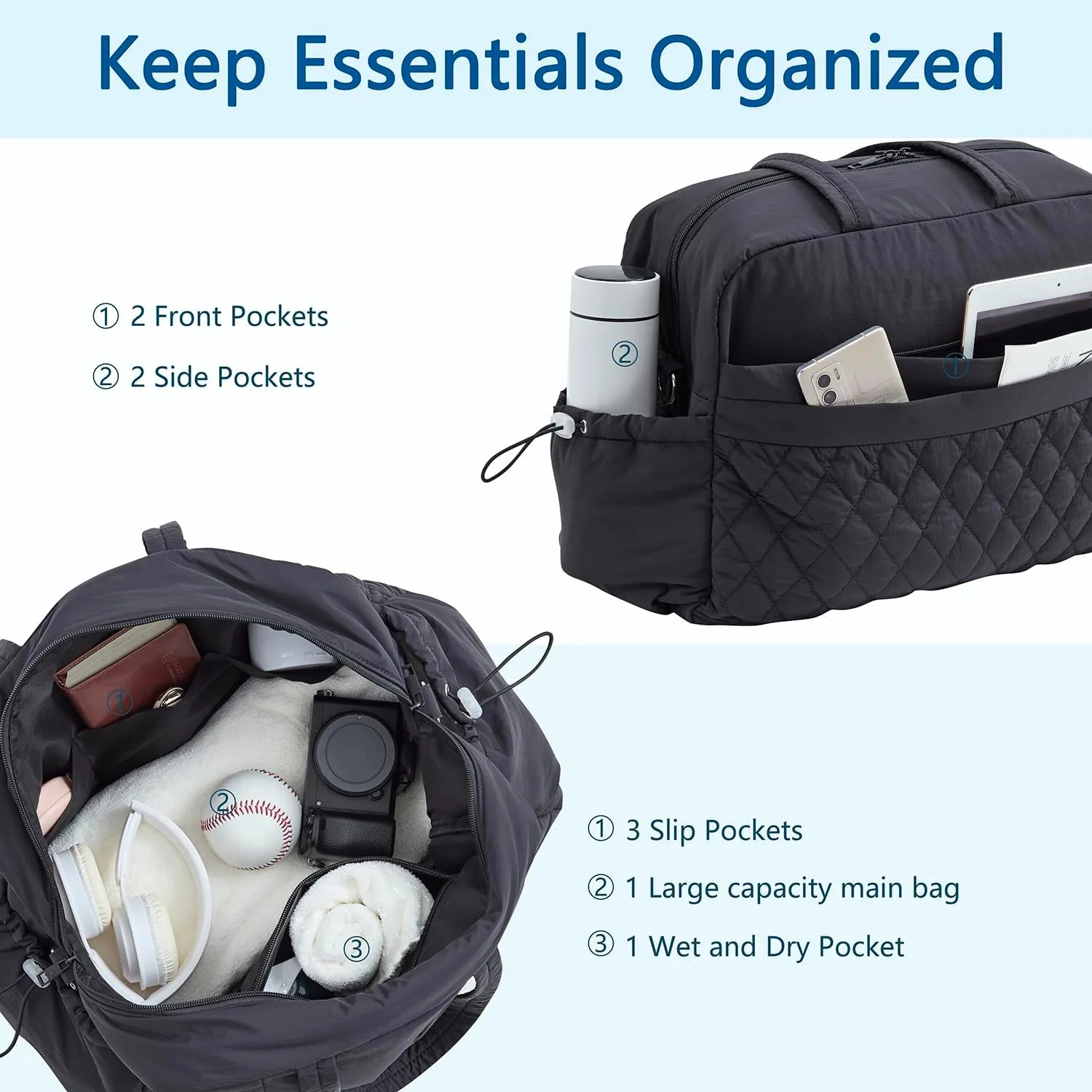 Water-Resistant Women's Duffle Bag - Carry On Approved Gym Tote with Wet Pocket, Lightweight Weekender Overnight Bag for Travel, Sports, Hospital 16.5x7.5x11 Inch Personal Item Bags (Black)