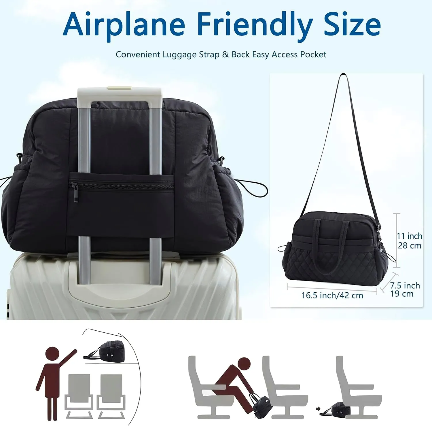 Water-Resistant Women's Duffle Bag - Carry On Approved Gym Tote with Wet Pocket, Lightweight Weekender Overnight Bag for Travel, Sports, Hospital 16.5x7.5x11 Inch Personal Item Bags (Black)