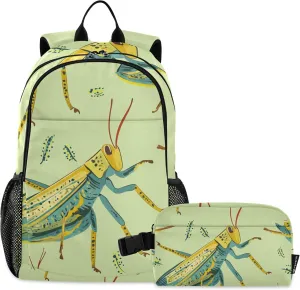 Watercolor Grasshopper Backpack with Lunch Bag, Travel School Backpack for Boys Girls Kids Backpacks Set