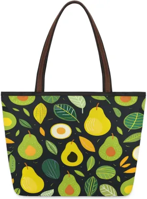 Watercolor Pears Leaves Tote Bag Multi Pocket Zippered Beach Bag Lightweight Waterproof Handbag