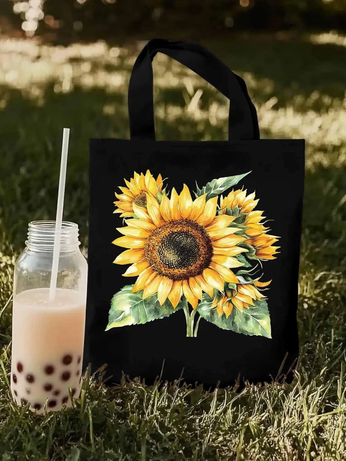 Watercolor Summer Sunflower Canvas Tote Bag, Aesthetic Canvas Tote Handbags for Women Shoulder Bag