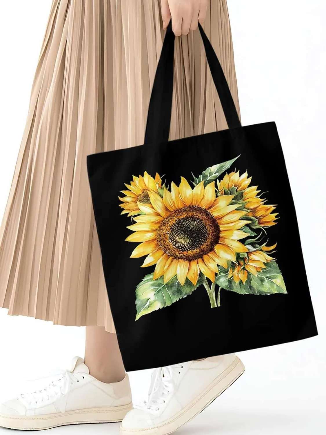 Watercolor Summer Sunflower Canvas Tote Bag, Aesthetic Canvas Tote Handbags for Women Shoulder Bag