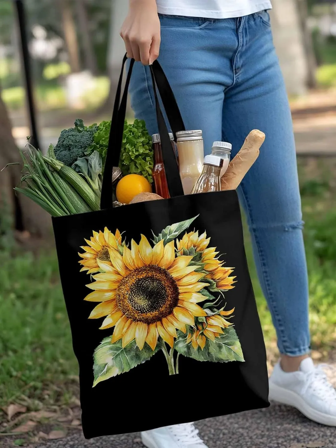 Watercolor Summer Sunflower Canvas Tote Bag, Aesthetic Canvas Tote Handbags for Women Shoulder Bag
