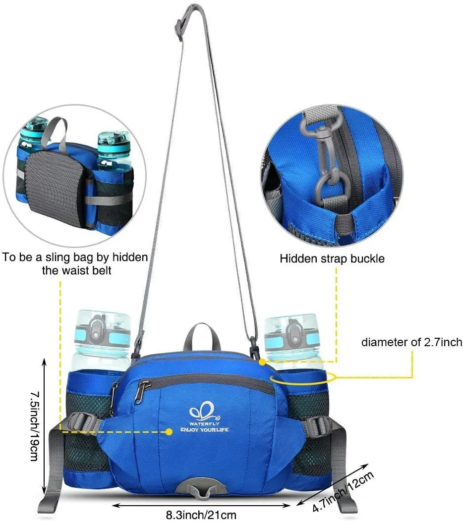 WATERFLY Fanny Pack Waist Bag: Fannie Pack 2 Water Bottle Holders Lumbar Belt Hiking Walking Running Jogging Camping Large Woman Man (Bottle Not Included）