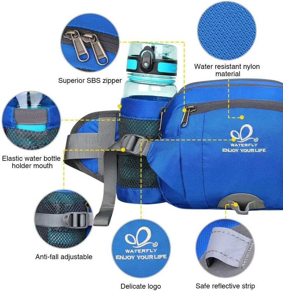 WATERFLY Fanny Pack Waist Bag: Fannie Pack 2 Water Bottle Holders Lumbar Belt Hiking Walking Running Jogging Camping Large Woman Man (Bottle Not Included）