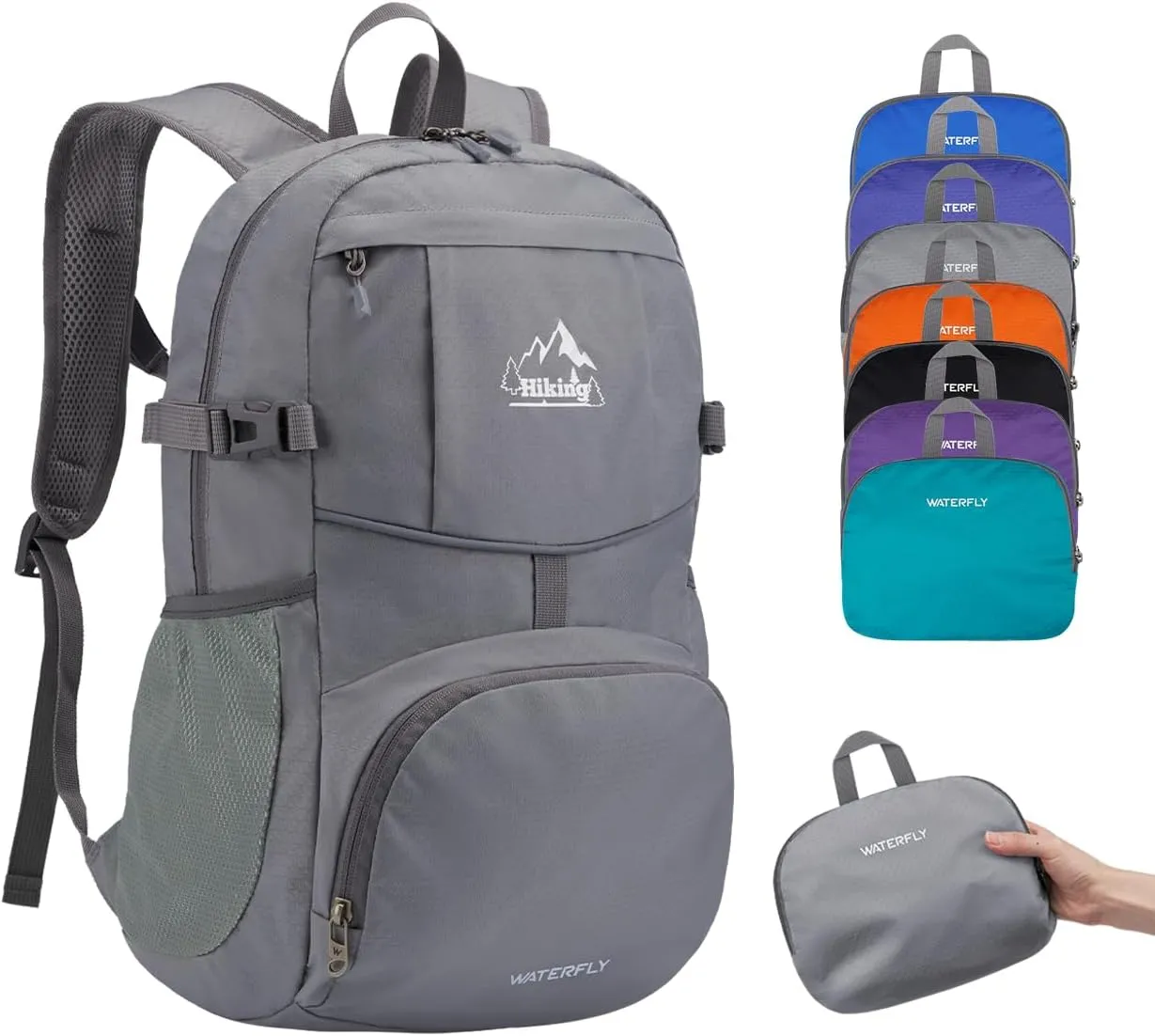 WATERFLY Hiking Foldable Daypack Backpack: 25L Ultra Lightweight Packable Waterproof Outdoor Travel Day Pack for Woman Man