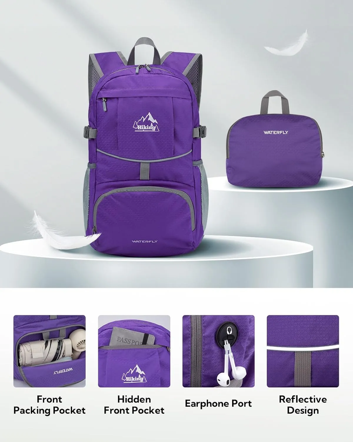 WATERFLY Hiking Foldable Daypack Backpack: 25L Ultra Lightweight Packable Waterproof Outdoor Travel Day Pack for Woman Man