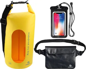 Waterproof Dry Bags Set of 3 Dry Bag with 2 Zip Lock Seals & Detachable Shoulder Strap, Waist Pouch & Phone Case - Can Be Submerged Into Water - for Swimming (Yellow(Window), 20L)