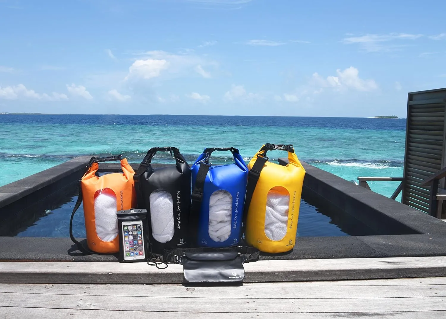 Waterproof Dry Bags Set of 3 Dry Bag with 2 Zip Lock Seals & Detachable Shoulder Strap, Waist Pouch & Phone Case - Can Be Submerged Into Water - for Swimming (Yellow(Window), 20L)