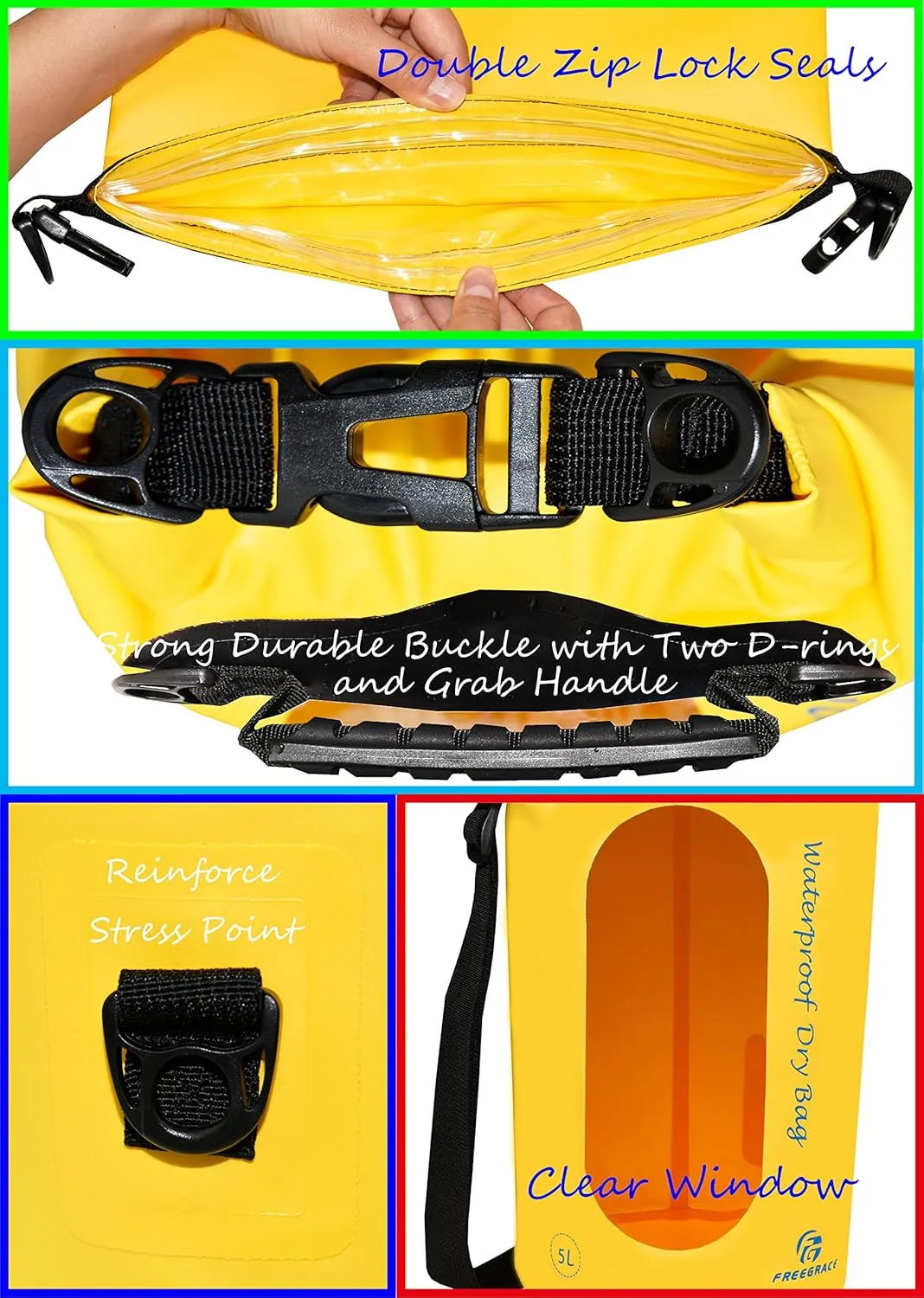 Waterproof Dry Bags Set of 3 Dry Bag with 2 Zip Lock Seals & Detachable Shoulder Strap, Waist Pouch & Phone Case - Can Be Submerged Into Water - for Swimming (Yellow(Window), 20L)
