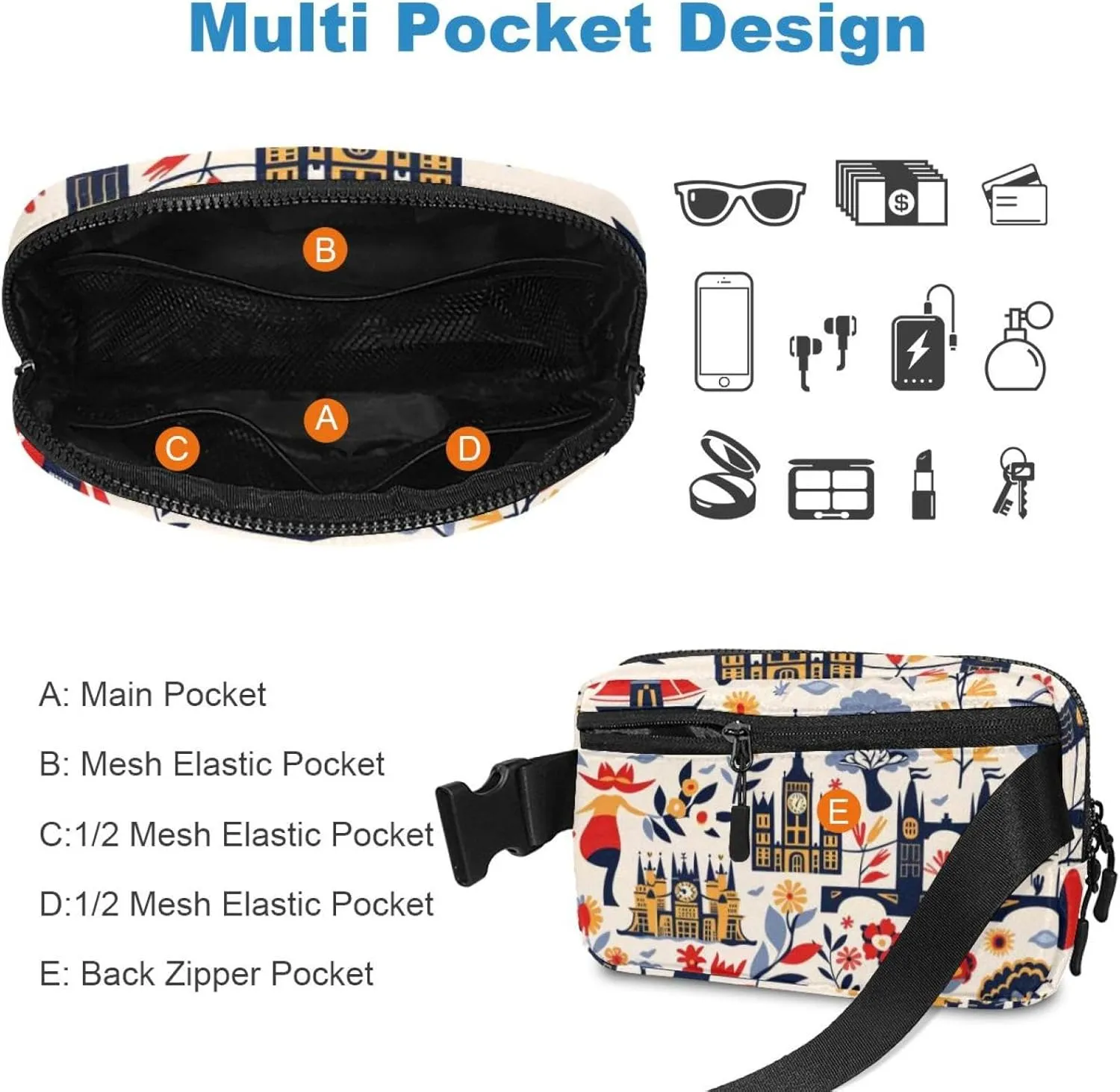 Waterproof Fanny Pack Black Belt Bag with Adjustable Strap for Women and Men,Cartoon England Crossbody Fanny Bag with Zipper for Hiking Running Travel