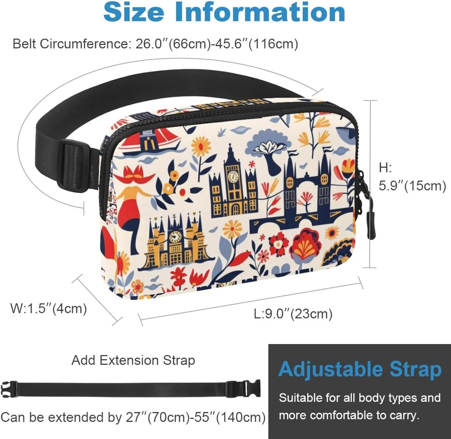 Waterproof Fanny Pack Black Belt Bag with Adjustable Strap for Women and Men,Cartoon England Crossbody Fanny Bag with Zipper for Hiking Running Travel