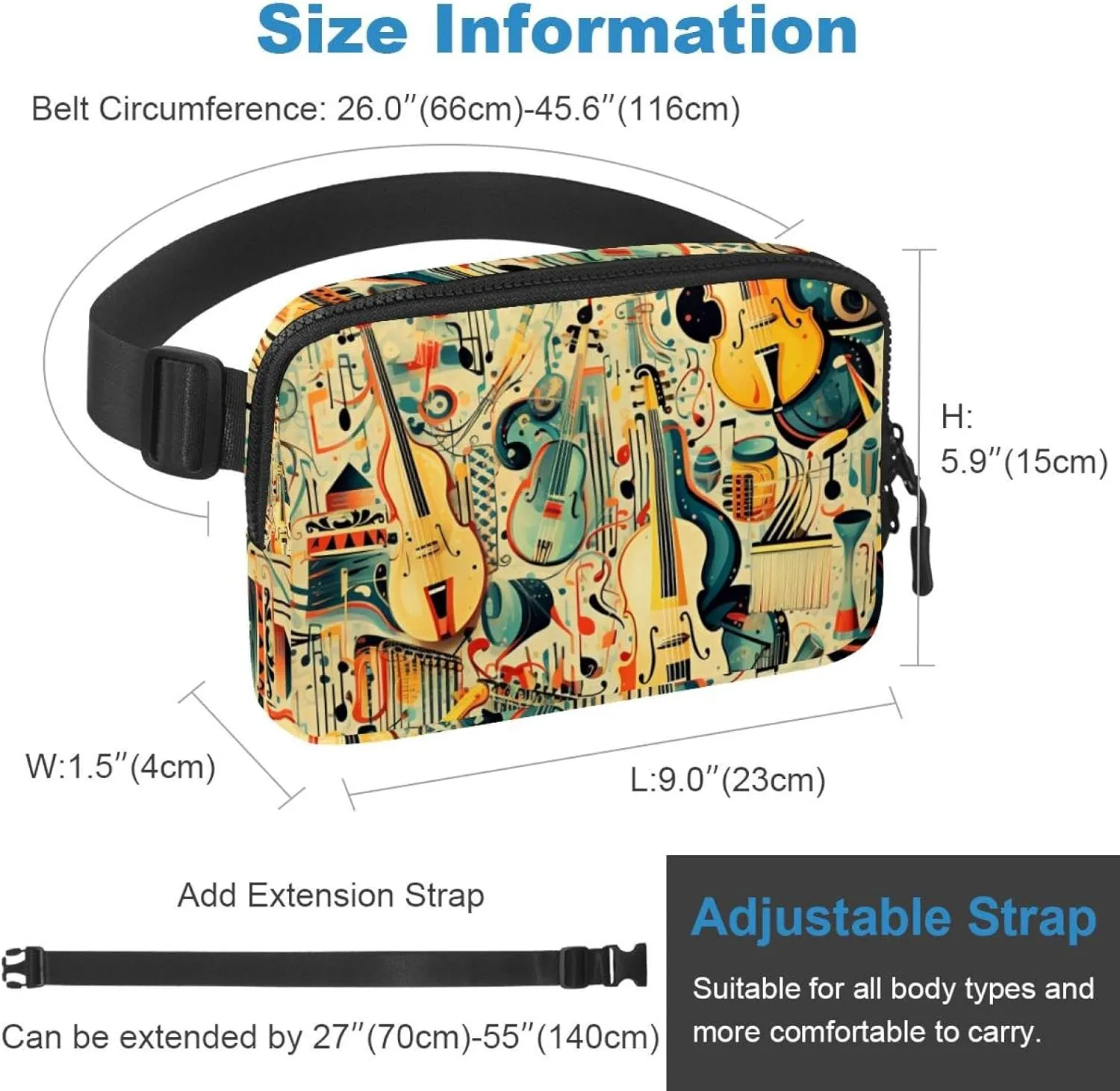 Waterproof Fanny Pack Black Belt Bag with Adjustable Strap for Women and Men,Drawing Instrument Crossbody Fanny Bag with Zipper for Hiking Running Travel