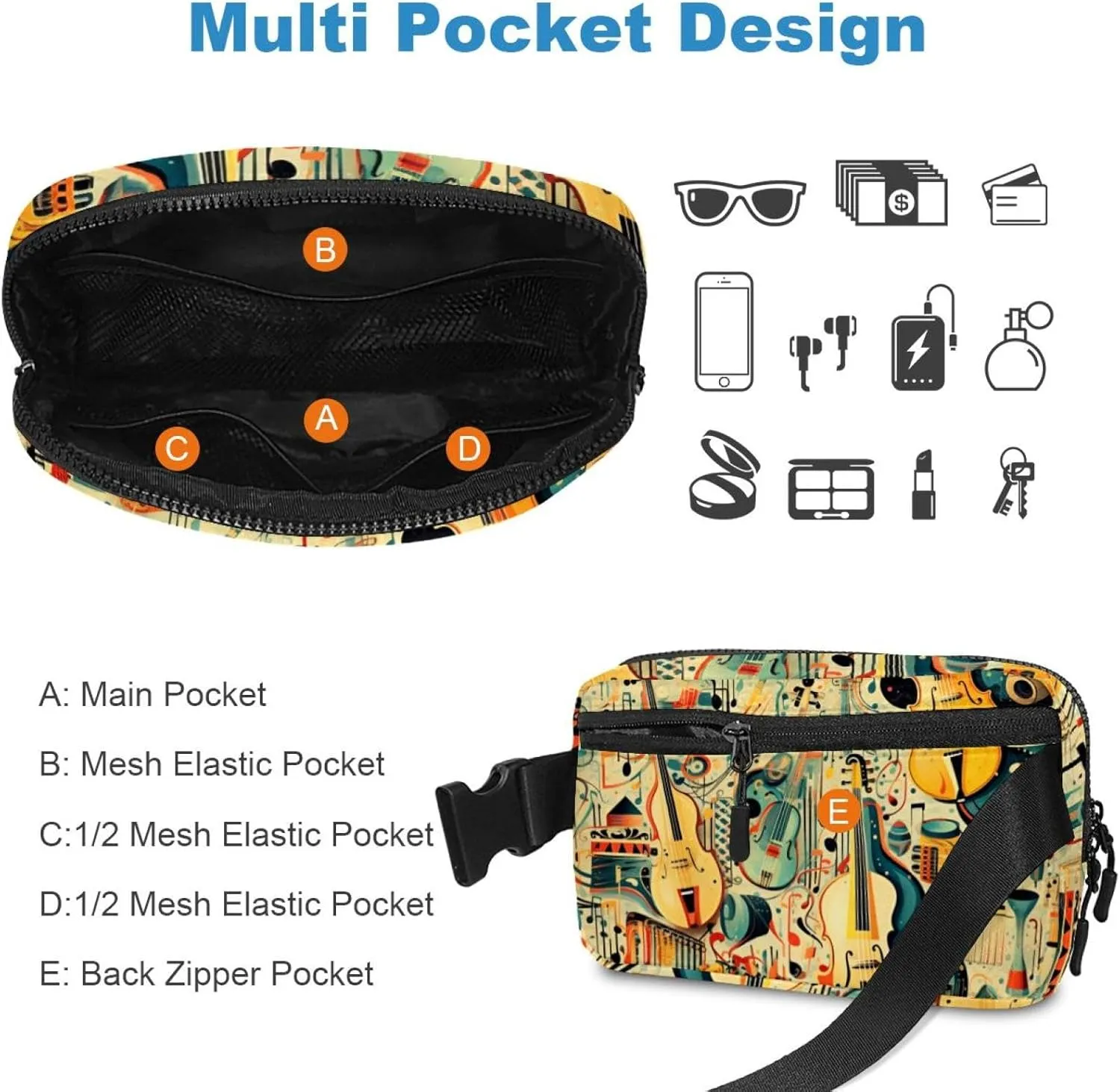 Waterproof Fanny Pack Black Belt Bag with Adjustable Strap for Women and Men,Drawing Instrument Crossbody Fanny Bag with Zipper for Hiking Running Travel