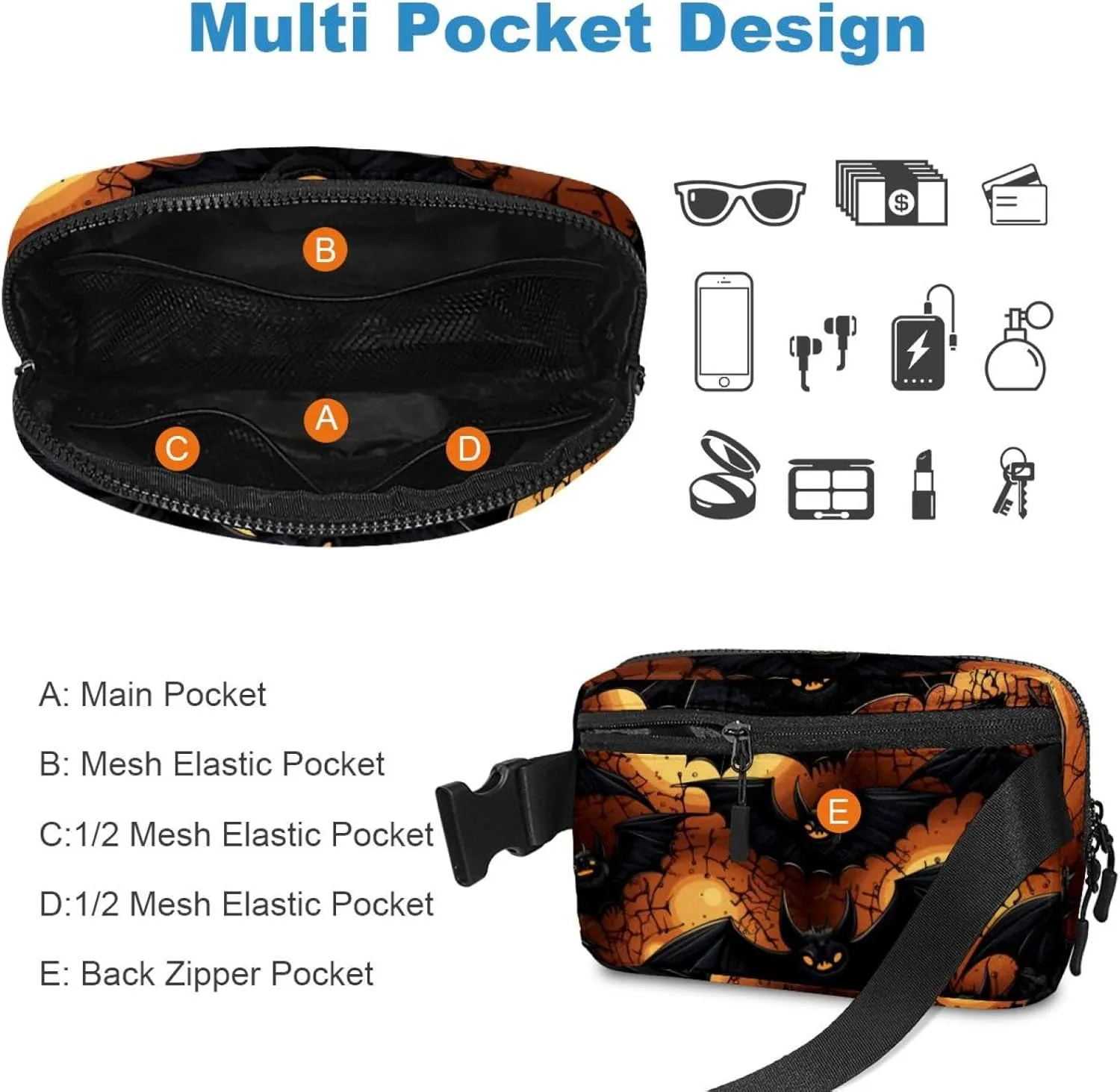 Waterproof Fanny Pack Black Belt Bag with Adjustable Strap for Women and Men,Halloween Bats N Crossbody Fanny Bag with Zipper for Hiking Running Travel