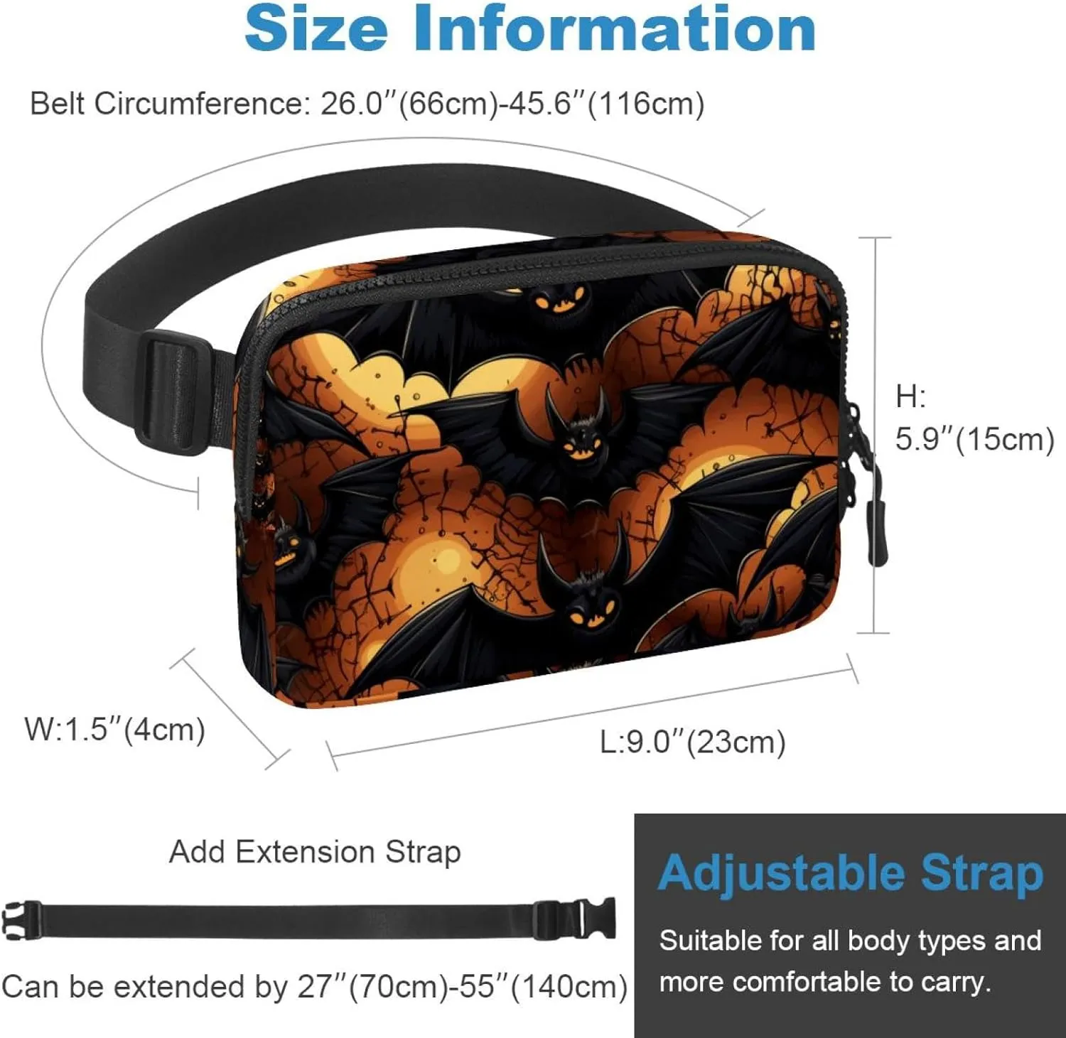 Waterproof Fanny Pack Black Belt Bag with Adjustable Strap for Women and Men,Halloween Bats N Crossbody Fanny Bag with Zipper for Hiking Running Travel
