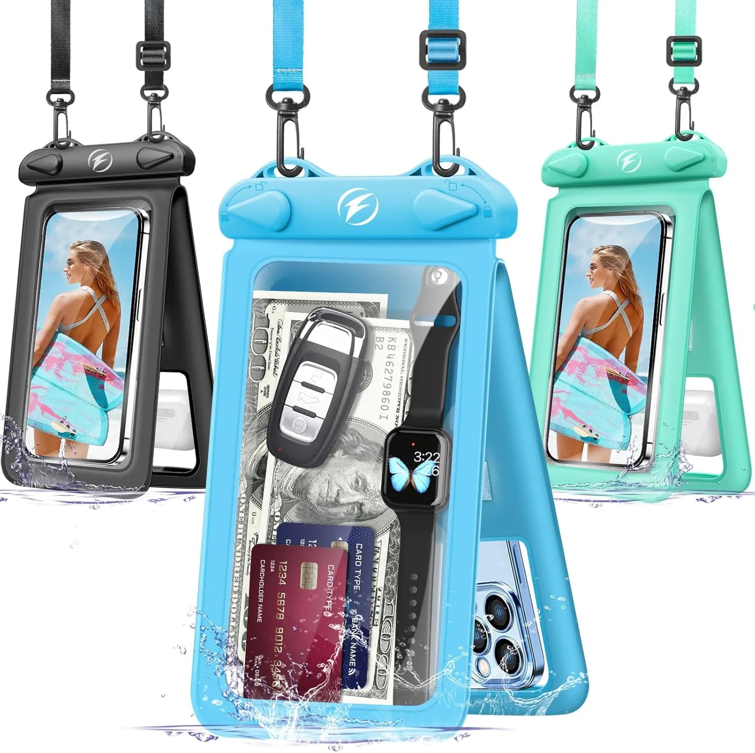 Waterproof Phone Pouch [3-Pack] Double Space Waterproof Phone Case with Adjustable Lanyard Water proof Cell Phone Pouch for iPhone IPX8 Underwater Phone Cases Phone Dry Bag for Vacation Beach Swimming