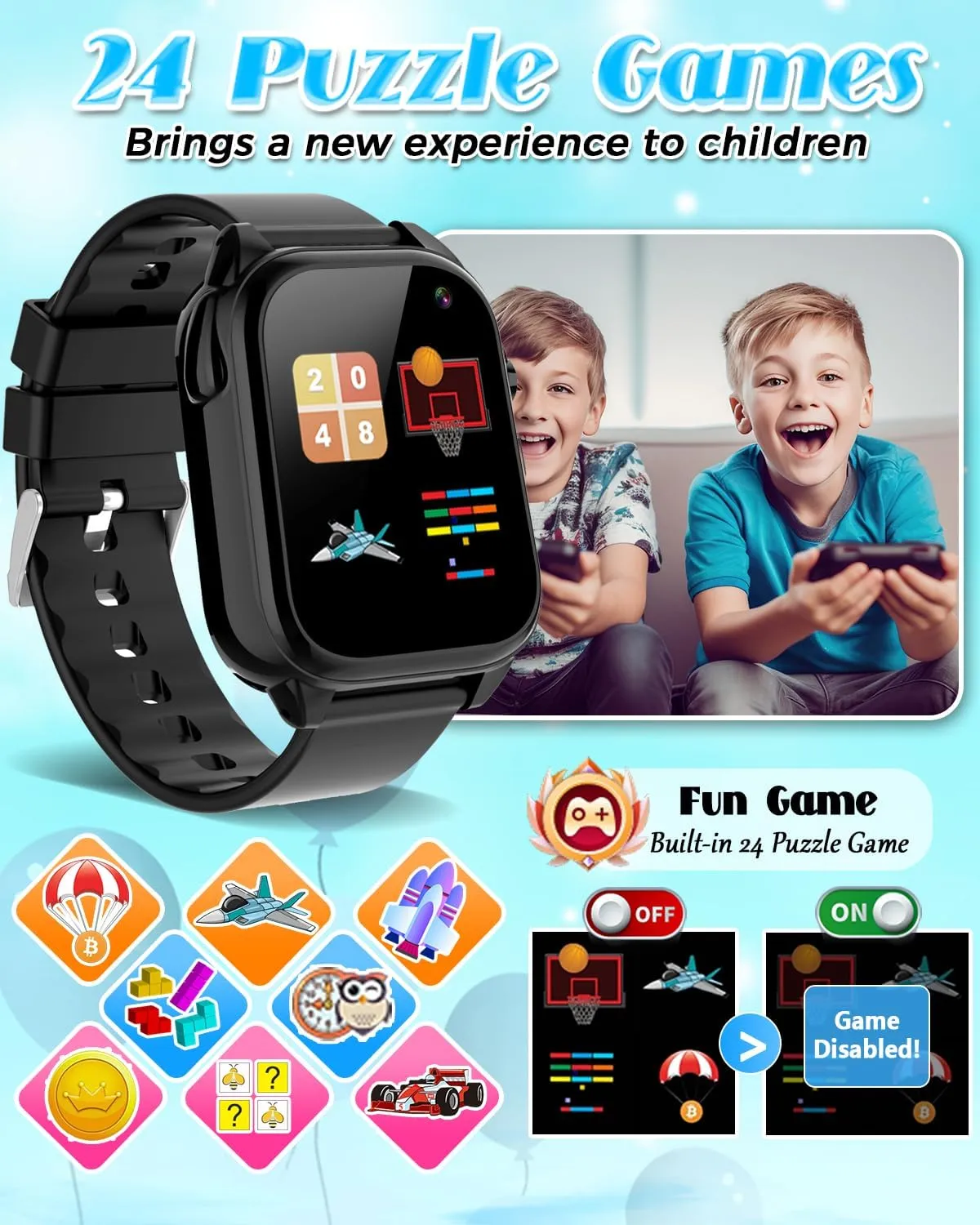 Waterproof Smart Watch for Kids 3-12 Years Old Boys Toys with 26 Games, Video Camera, Pedometer, Music Player, Alarm Clock, Flashlight, HD Touchscreen Toddler Watches Girls Birthdays Gifts