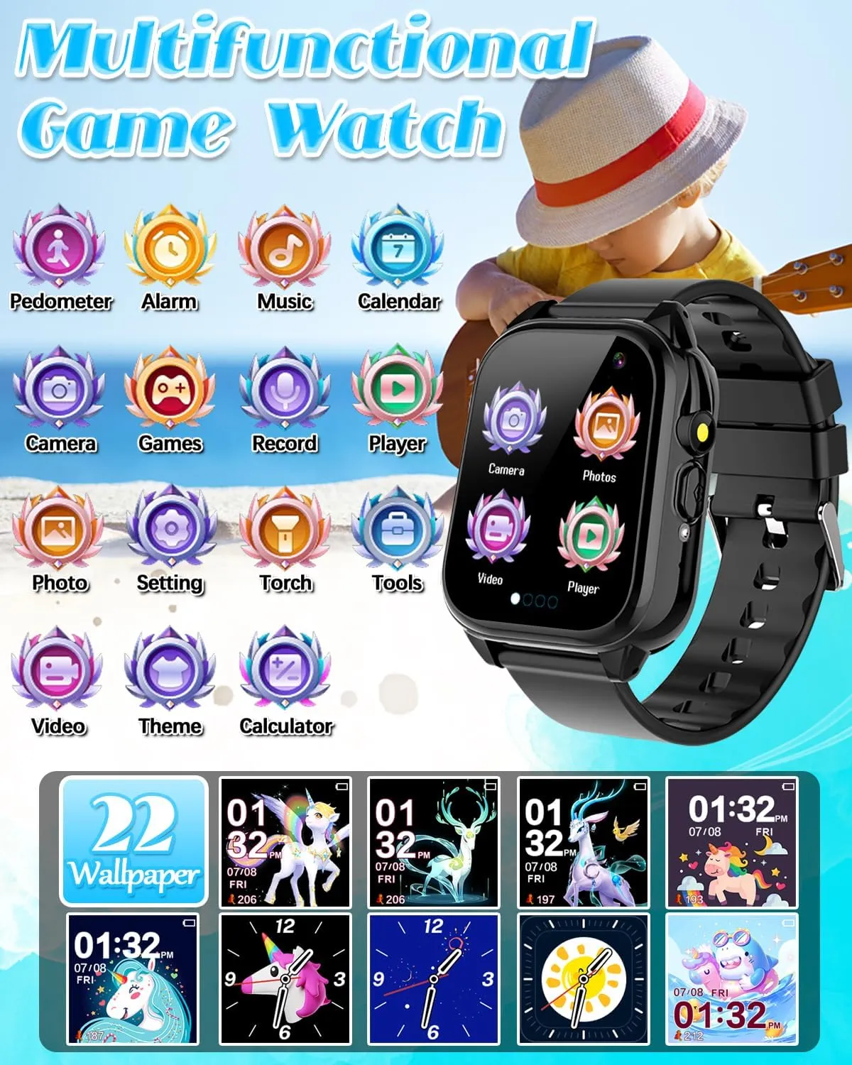 Waterproof Smart Watch for Kids 3-12 Years Old Boys Toys with 26 Games, Video Camera, Pedometer, Music Player, Alarm Clock, Flashlight, HD Touchscreen Toddler Watches Girls Birthdays Gifts