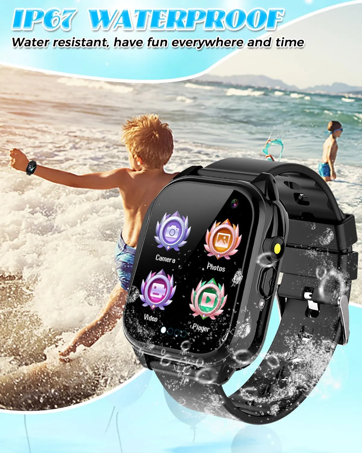 Waterproof Smart Watch for Kids 3-12 Years Old Boys Toys with 26 Games, Video Camera, Pedometer, Music Player, Alarm Clock, Flashlight, HD Touchscreen Toddler Watches Girls Birthdays Gifts