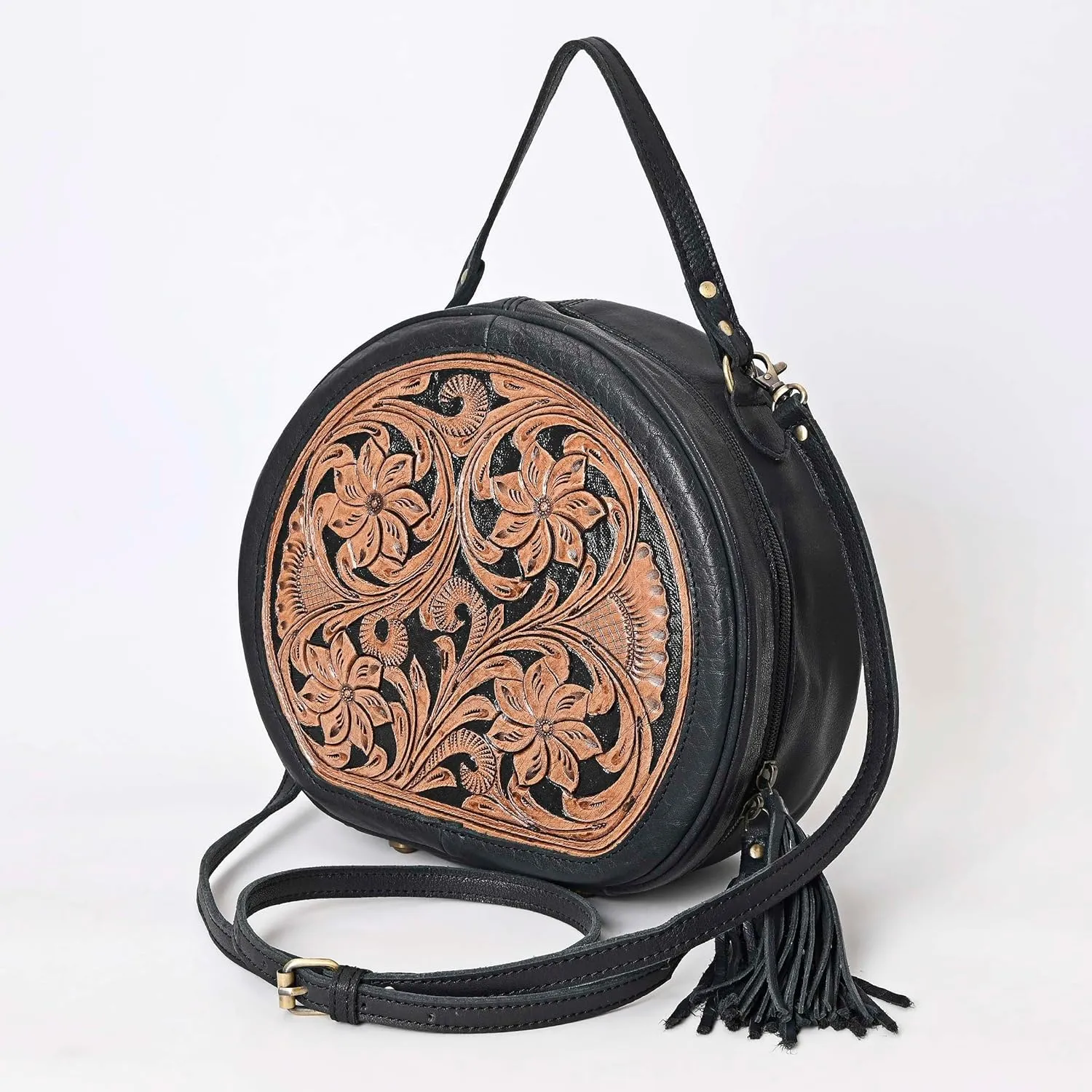 western Handtooled Cowhide Hairon Canteen Crossbody bag with Adjustable Detachable Leather Strap,Antique dye finish