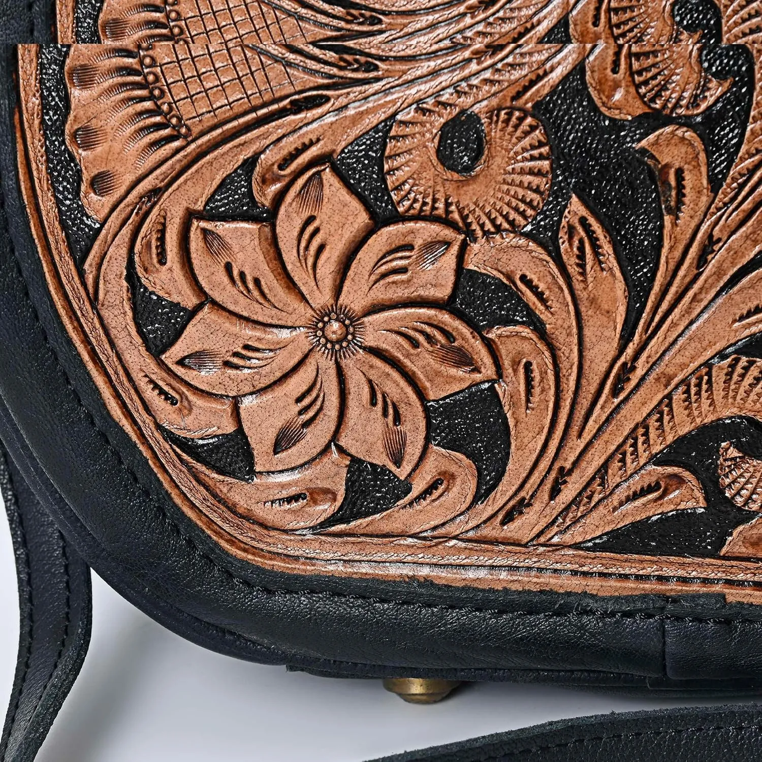 western Handtooled Cowhide Hairon Canteen Crossbody bag with Adjustable Detachable Leather Strap,Antique dye finish