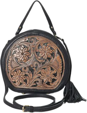 western Handtooled Cowhide Hairon Canteen Crossbody bag with Adjustable Detachable Leather Strap,Antique dye finish