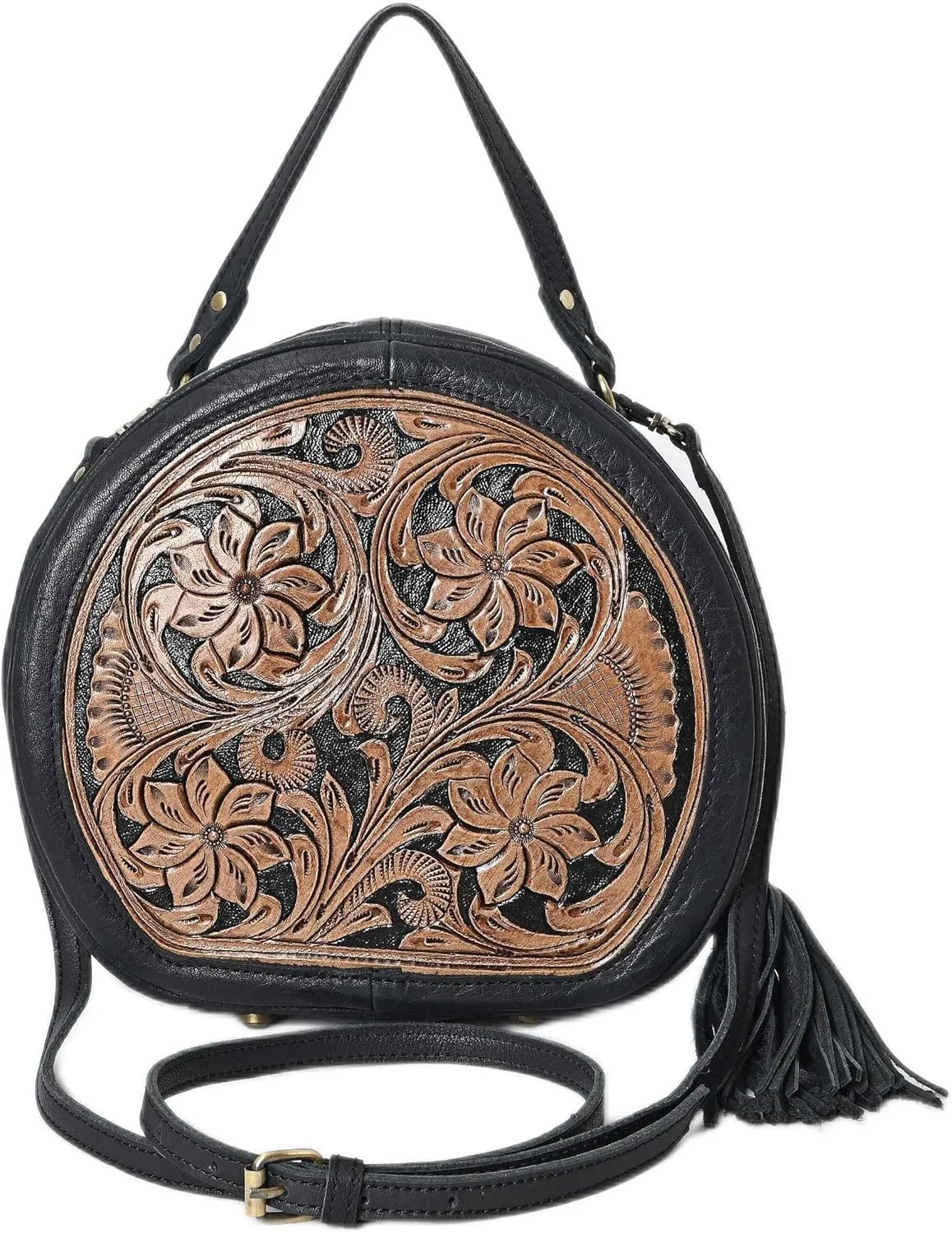 western Handtooled Cowhide Hairon Canteen Crossbody bag with Adjustable Detachable Leather Strap,Antique dye finish