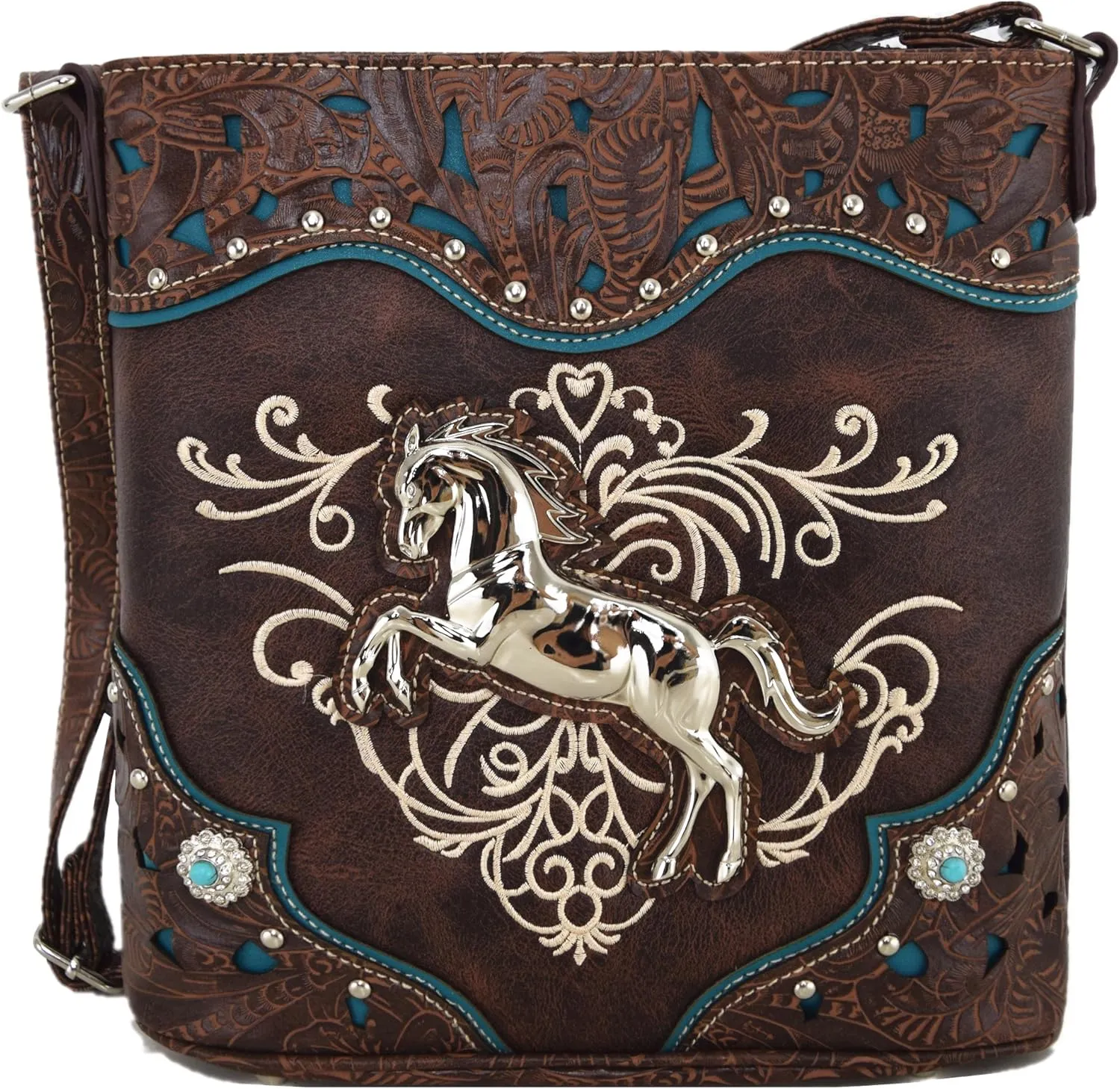 Western Style Horse Purse Embroidered Floral Rhinestone Studs Crossbody Handbags Cowgirl Country Women Single Shoulder Bag