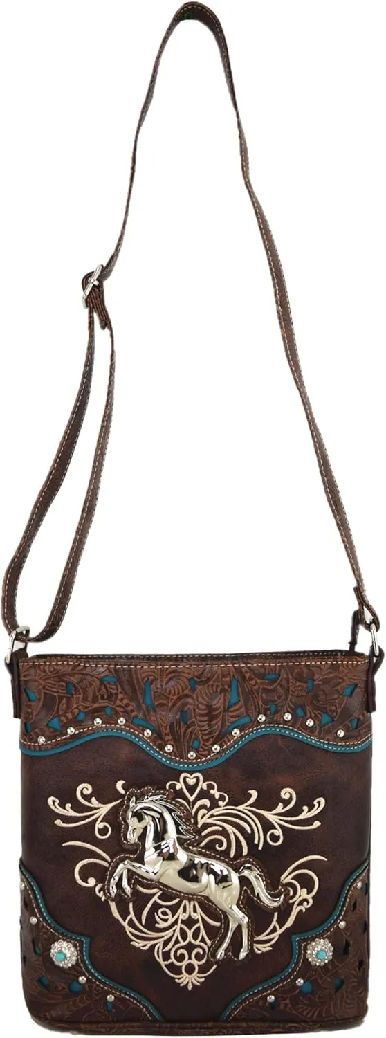Western Style Horse Purse Embroidered Floral Rhinestone Studs Crossbody Handbags Cowgirl Country Women Single Shoulder Bag