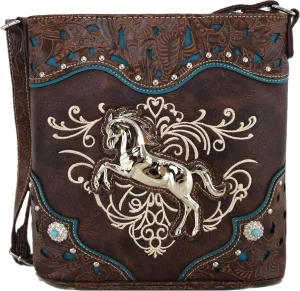 Western Style Horse Purse Embroidered Floral Rhinestone Studs Crossbody Handbags Cowgirl Country Women Single Shoulder Bag